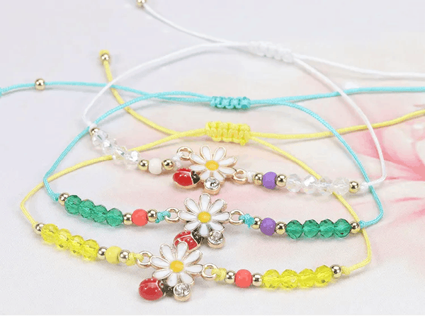 Set of 12 Children's Adjustable 'Flower and Ladybird' Wish Bracelets / Friendship Bracelets