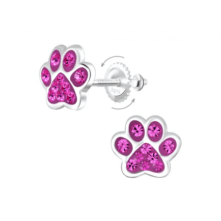 Children's Sterling Silver 'Pink and Multicoloured Sparkle Paw' Crystal Stud Earrings