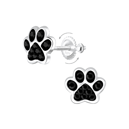 Children's Sterling Silver 'jet Black Sparkle Paw' Crystal Stud Earrings