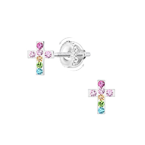 Children's Sterling Silver 'Multicoloured Crystal Cross' Screw Back Stud Earrings