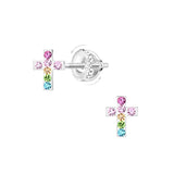 Children's Sterling Silver 'Multicoloured Crystal Cross' Screw Back Stud Earrings