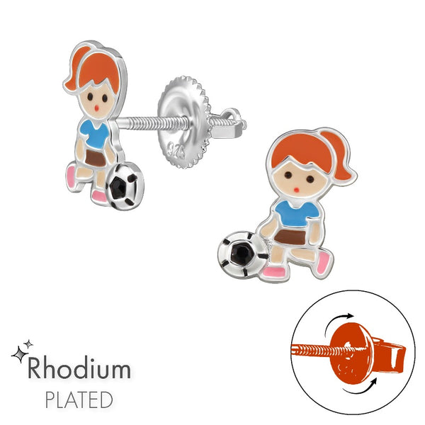 Children's Sterling Silver Football Girl Screw Back Stud Earrings