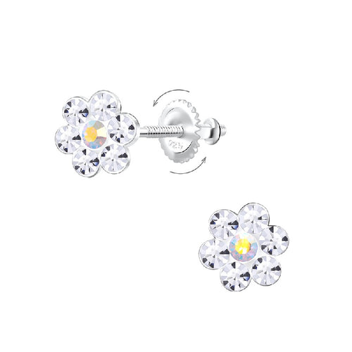 Children's Sterling Silver 'Crystal Flower' Screw Back Stud Earrings