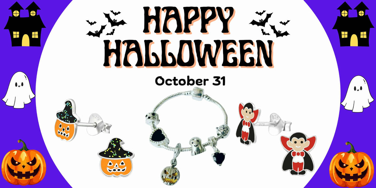 Happy Halloween - Halloween charm bracelet with pumpkin and vampire earrings