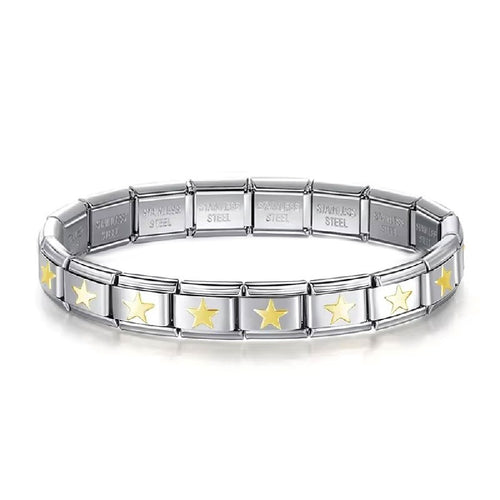 Stainless Steel 18 Link Shiny Italian Charm Starter Bracelet (GOLD STAR Links)- Classic 9mm Size