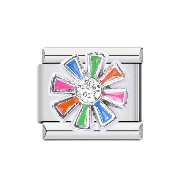 Stainless Steel 9mm Shiny Multicoloured Flower Link for Italian Charm Bracelet