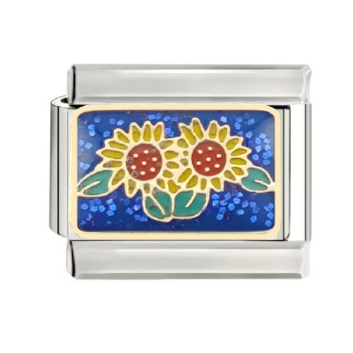 Stainless Steel 9mm Shiny Sunflowers with a Blue Background Link for Italian Charm Bracelet