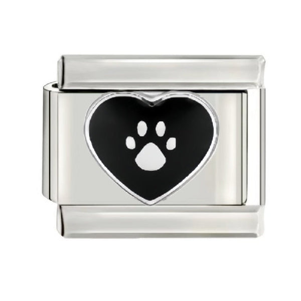 Stainless Steel 9mm Shiny Paw Print on Heart Link for Italian Charm Bracelet