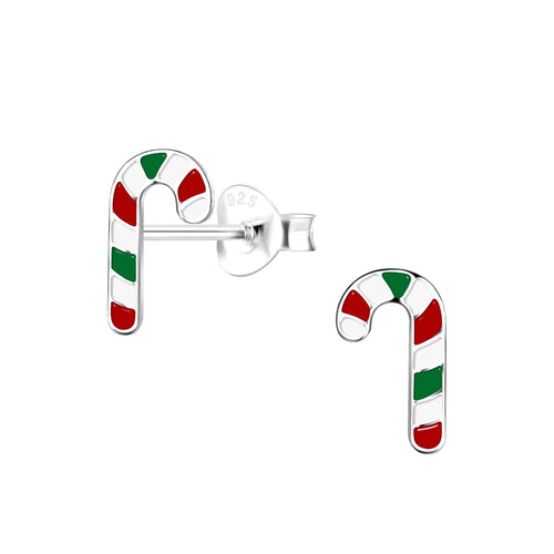 Children's Sterling Silver Christmas Red, White and Green Candy Cane Stud Earrings