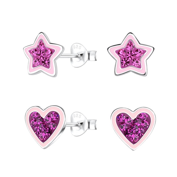 Children's Sterling Silver Set of 2 Pairs of Sparkle Heart and Sparkle Star Stud Earrings