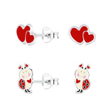 Children's Sterling Silver Set of 2 Pairs of Love Bug Themed Stud Earrings
