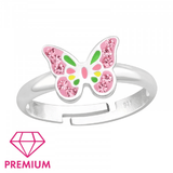 Children's Sterling Silver Adjustable 'Pink Diamante Colourful Butterfly' Ring