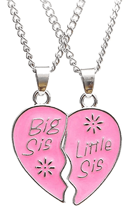 Children's Set of 2 Black 'Big Sis and Little Sis' Half Heart Pendant Necklaces