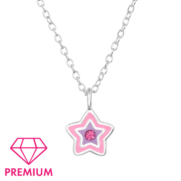 Children's Sterling Silver 'Pink and Purple Star with Crystal' Pendant Necklace