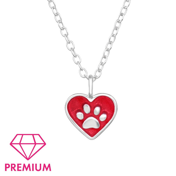 Children's Sterling Silver 'Red Heart with Paw' Pendant Necklace