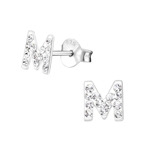 Children's Sterling Silver 'Letter M' Crystal Stud Earrings