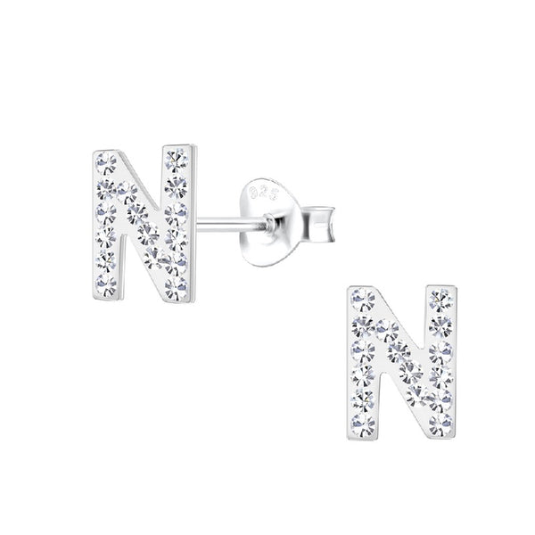 Children's Sterling Silver 'Letter N' Crystal Stud Earrings