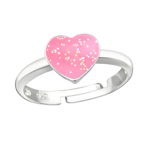 Children's Sterling Silver Adjustable Pink Glitter Heart Ring