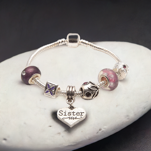 Adult's Sister 'Purple Haze' Silver Plated Charm Bead Bracelet