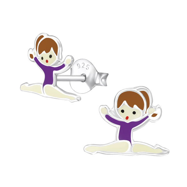 Children's Sterling Silver Gymnastics Girl With Purple Leotard Stud Earrings