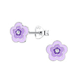 Children's Sterling Silver 'Pretty Purple Flower with Crystal' Stud Earrings