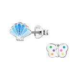 Children's Sterling Silver 'Spotty Butterfly and Blue Glitter' Shell Stud Earrings
