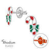 Children's Sterling Silver 'Christmas Candy Cane with Crystals' Screw Back Stud Earrings