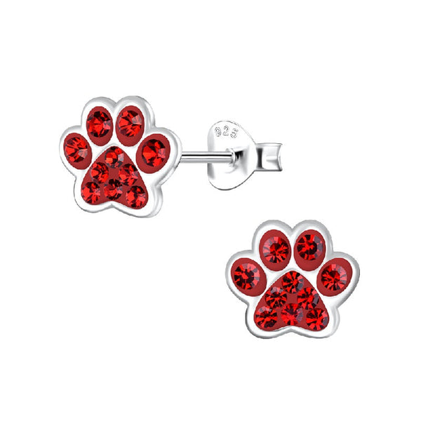 Children's Sterling Silver 'Red Sparkle Paw' Crystal Stud Earrings