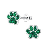 Children's Sterling Silver 'Emerald Green Sparkle Paw' Crystal Stud Earrings