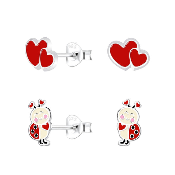 Children's Sterling Silver Set of 2 Pairs of Love Bug Themed Stud Earrings
