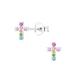 Children's Sterling Silver Multicoloured Crystal Cross Stud Earrings