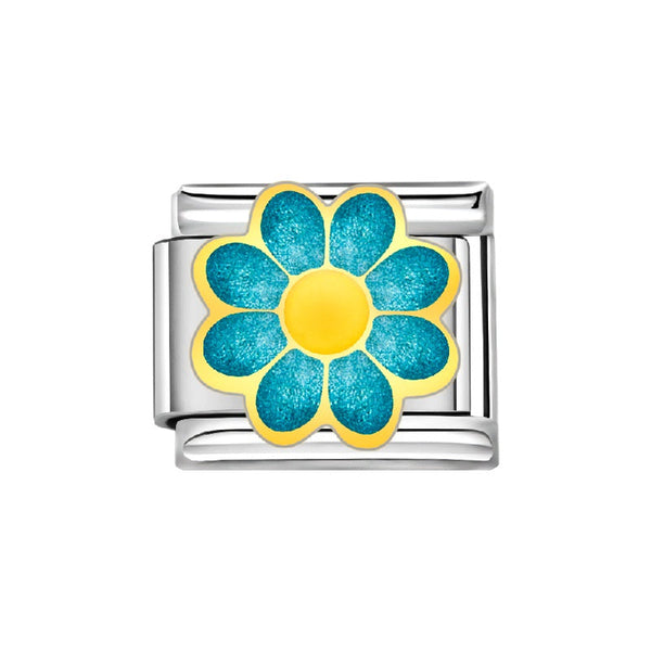 Stainless Steel 9mm Shiny Link with Blue Flower for Italian Charm Bracelet