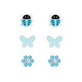 Children's Sterling Silver Set of 3 Pairs of Blue Themed Stud Earrings