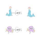 Children's Sterling Silver Set of 2 Pairs of Sealion and Octopus Stud Earrings