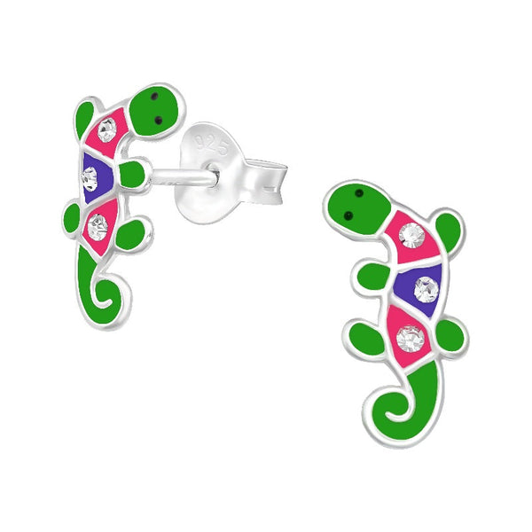 Children's Sterling Silver 'Lizard with Crystals' Stud Earrings