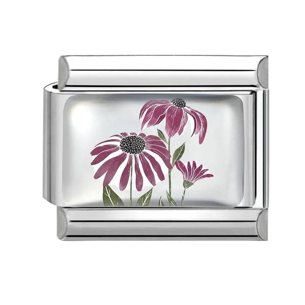 Stainless Steel 9mm Shiny Purple Flowers Link for Italian Charm Bracelet
