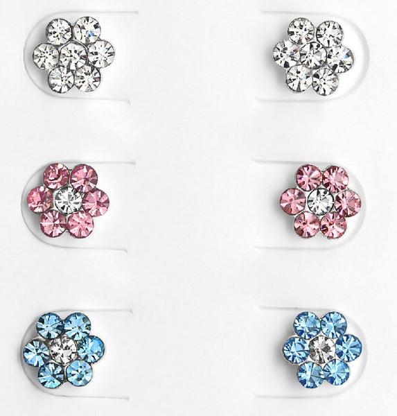 Children's Sterling Silver Set of 3 Pairs of Crystal Flower Stud Earrings