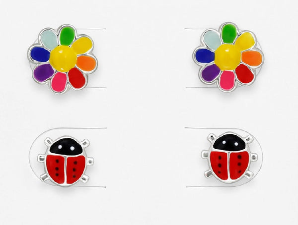 Children's Sterling Silver Set of 2 Pairs of 'Flower and Ladybird' Stud Earrings