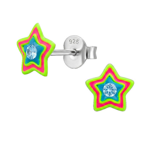 Children's Sterling Silver 'Colourful Neon Star' Stud Earrings