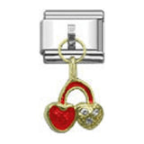 Stainless Steel 9mm Shiny 'Dangling Gold and Red Hearts' Link for Italian Charm Bracelet