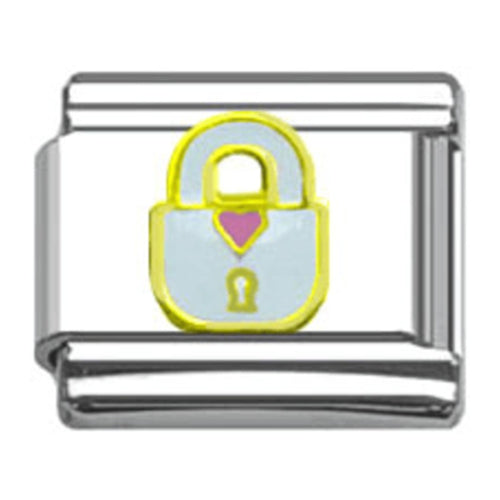 Stainless Steel 9mm Shiny 'White Padlock with Pink Heart' Link for Italian Charm Bracelet
