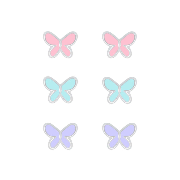 Children's Sterling Silver Set of 3 Pairs of Pastel Butterfly Stud Earrings