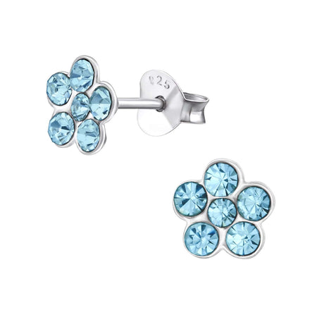 Children's Sterling Silver 'Swirl Flower with Aqua Blue Crystal' Stud Earrings