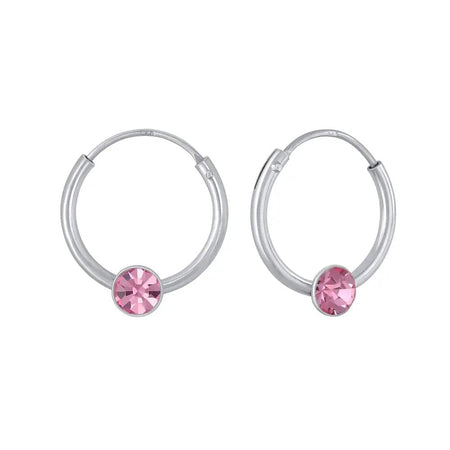Children's Sterling Silver Pink Crystal Charm Hoop Earrings