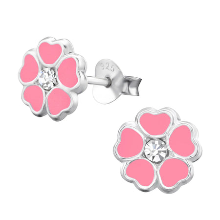 Children's Sterling Silver 'Pink Diamante Crystal Flower' Hoop Earrings