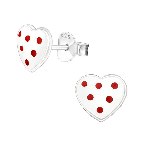 Children's Sterling Silver 'White Heart with Red Spots' Stud Earrings