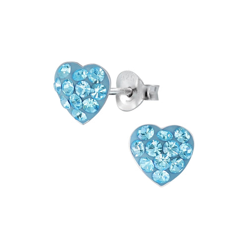 Children's Sterling Silver 'Aqua Blue Dazzle Crystal Heart' Stud Earrings