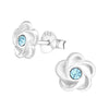 Children's Sterling Silver 'Swirl Flower with Aqua Blue Crystal' Stud Earrings