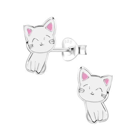 Children's Sterling Silver 'Cute Pink Cat' Stud Earrings