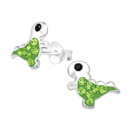 Children's Sterling Silver 'Green Dinosaur' Crystal Stud Earrings